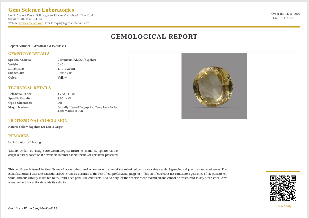 Yellow Sapphire - 6.45 Carat (Ceylon)